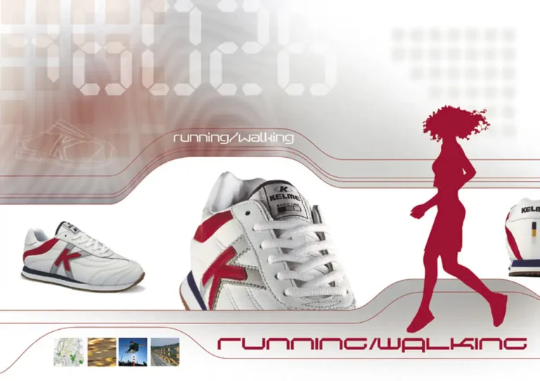 Portadilla de la sección running y walking del catálogo de Kelme, con zapatillas y la silueta de una corredora