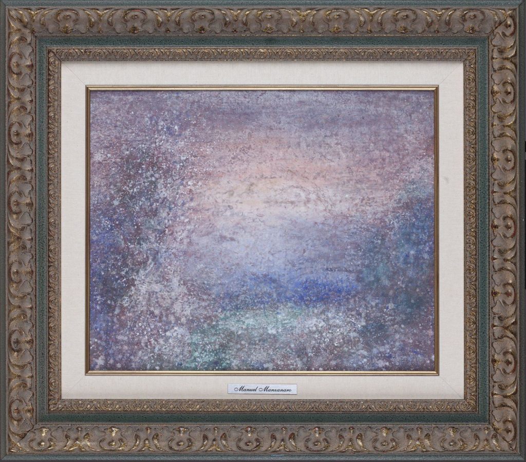 Paisaje al óleo en violetas de Manuel Manzanaro, con su marco dorado, reproducido para el libro «Arte en el COMA»